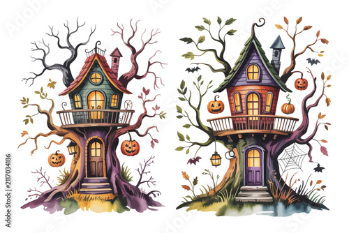 фотографія Hand-Painted Haunted Treehouse Watercolor, Halloween Spooky Scene Clipart, Isola