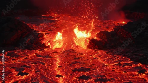 Molten lava river flowing from volcano eruption at night