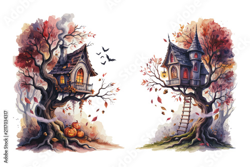 Obraz na płótnie Watercolor Halloween Haunted Treehouse Clipart, Spooky Forest House Illustration