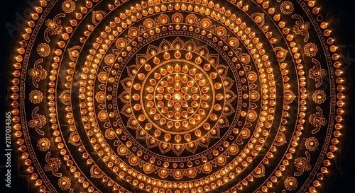 Intricate circular arrangement of glowing Diwali diyas forming symmetrical festive pattern for Hindu festival celebration background