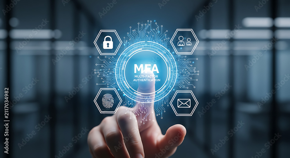 Fototapeta premium A business professional interacting with a digital interface showing Multi-Factor Authentication security icons.