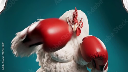 Muscular white chicken wearing red boxing gloves in studio