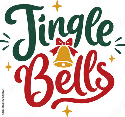 Jingle Bells lettering, festive red and green typography, golden bell with bow, Christmas holiday design on clean white background vector illustration