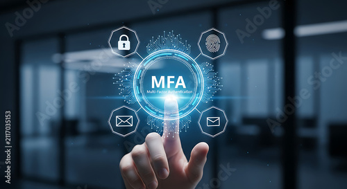 A hand interacting with a digital interface representing multi-factor authentication for secure business data access.