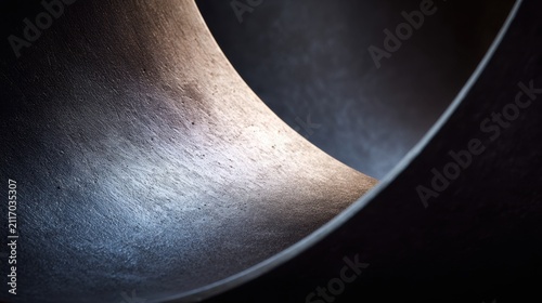 Abstract metallic texture inside a curved metal pipe with dramatic lighting.