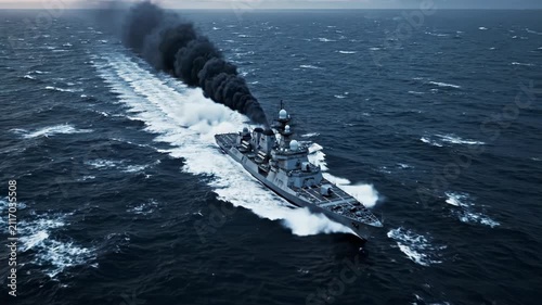 Naval destroyer ship with smoke plume cruising on open sea