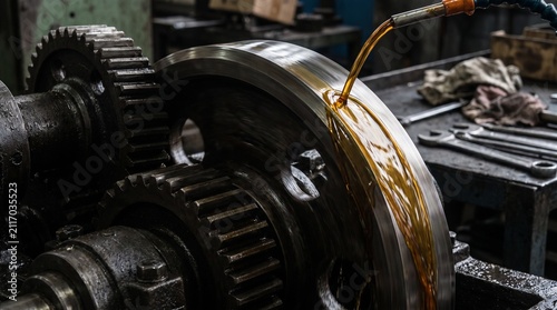 Close-up of industrial gears being lubricated with oil in a workshop setting.