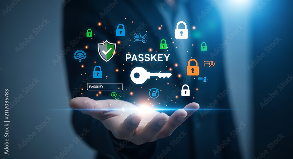 Fototapeta premium Businessman holding a digital interface showing passkey authentication and cyber security symbols.