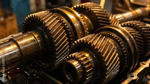 Close-up of intricate metal gears and shafts in a mechanical system.