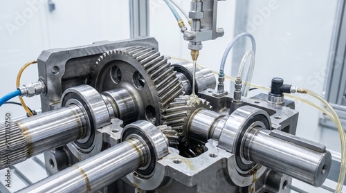 Automated Industrial Gearbox Assembly Machine Close Up.