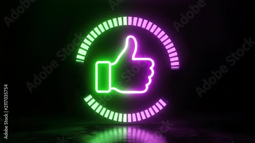 Neon thumbs up icon surrounded by glowing segmented circle