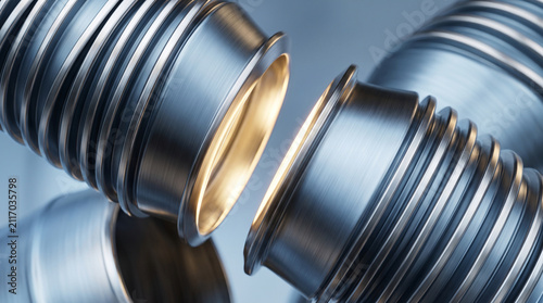 Closeup of industrial metal bellows or flexible metallic hoses with a glowing warm light reflecting inside the circular openings, mechanical engineering concept