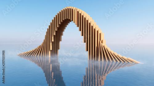 Abstract architectural structure made of wooden planks forming a curved arch shape rising from a calm, misty water surface under a clear blue sky, 3d render