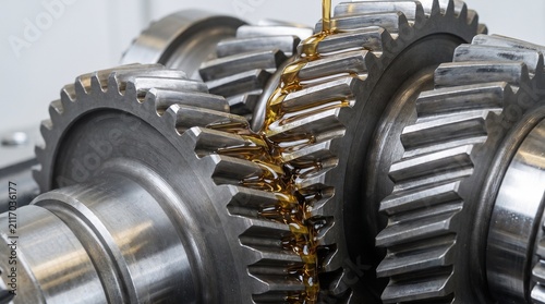 Close up of metal gears being lubricated with oil.
