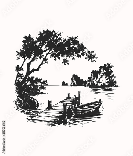 Wooden pier with boat on lake. Hand drawn landscape sketch of a peaceful tropical harbor.