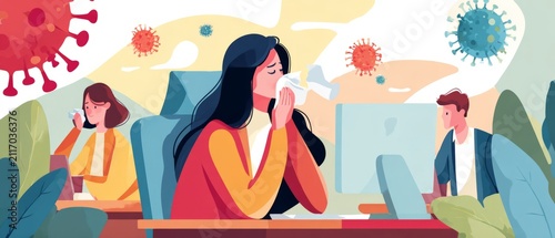 Sick Woman Coughing at Office Desk Surrounded by Virus Icons