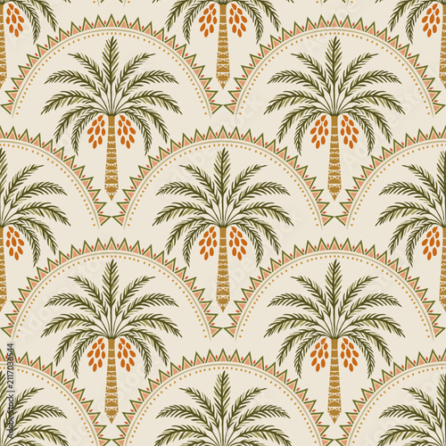 Seamless Vintage Date Palm Tree Pattern with Decorative Geometric Arches, Tropical Botanical Repeat Design on Cream Background for Fabric, Wallpaper, Textile and Surface Print.
