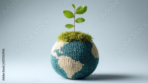 Knitted earth globe with a green plant growing on top against a solid background. Sustainability concept.