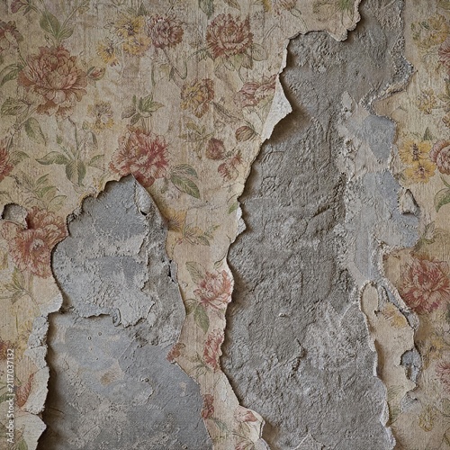 Peeling retro wallpaper over plaster seamless texture, grunge background