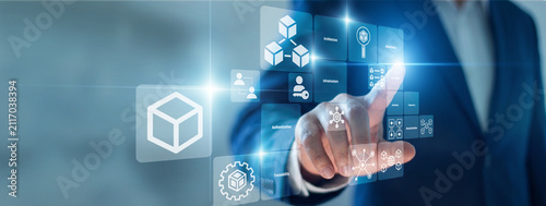 Obraz na plátně Financial analyst hand touch virtual screen verifying Blockchain ledger transaction blocks