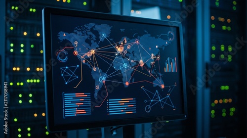 Global Network Data Visualization on Computer Screen in Server Room.