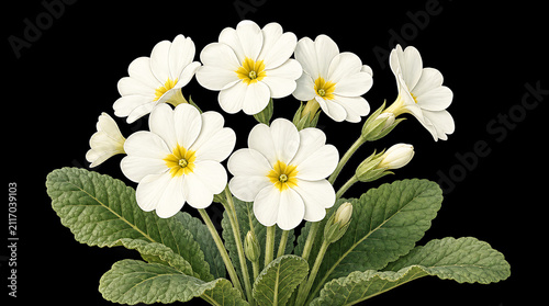 Cluster of white primrose flowers with yellow centers and green leaves isolated on black
