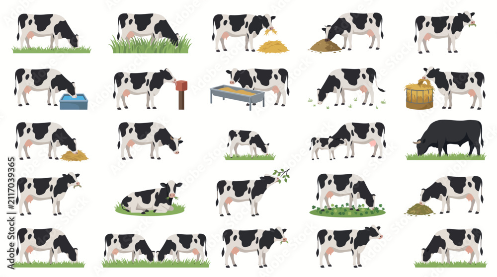 Fototapeta premium Collection of cartoon cows in various poses and activities.