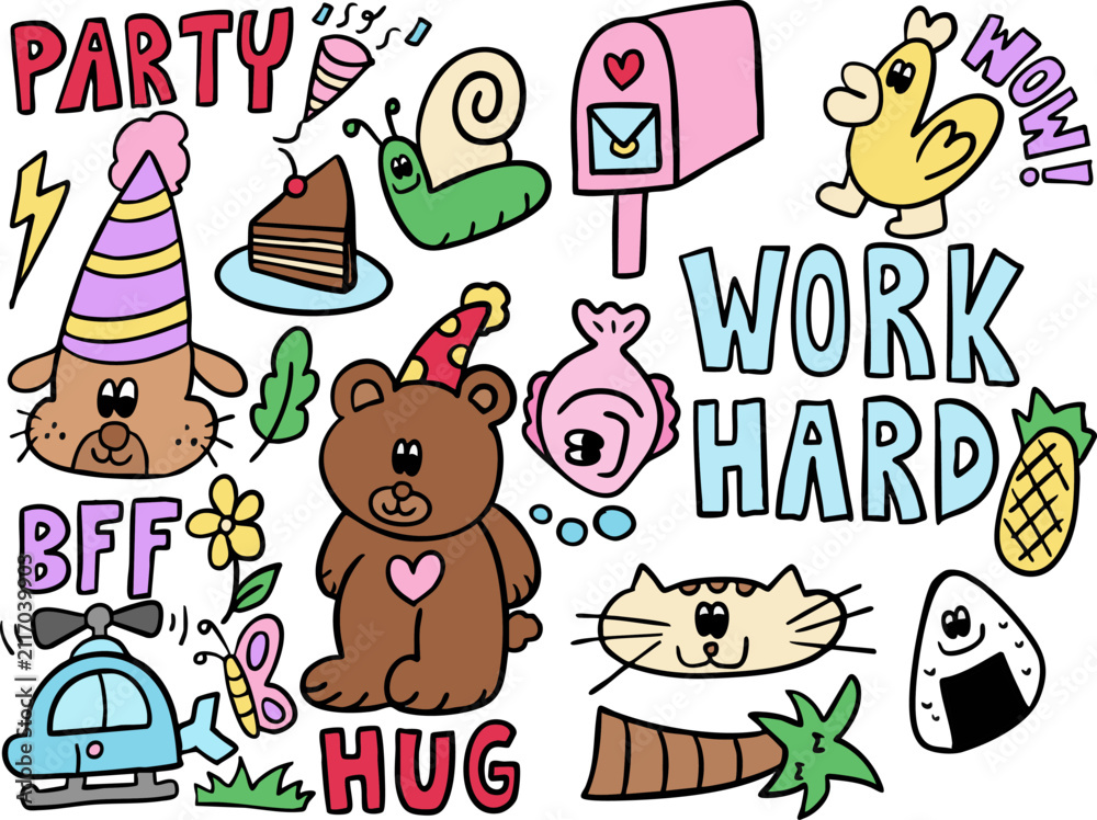 Fototapeta premium Vector illustrations of kid drawing elements such as puppy wearing party hat, teddy bear, chocolate cake slice, snail, post box, fish, chicken, cat, coconut tree, butterfly, helicopter, pineapple