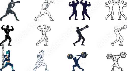 Foto Set of human silhouettes doing fitness boxing and weightlifting exercises in bla