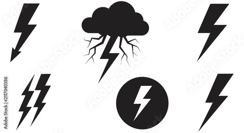 Lightning bolt and cloud silhouettes on a white background weather iconography