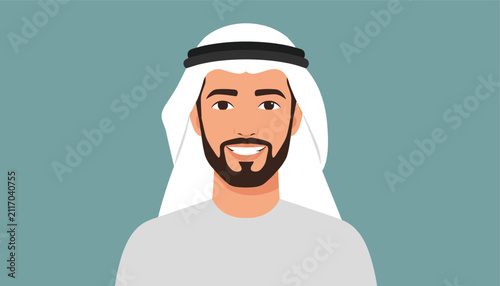 Portrait of a friendly smiling young Arab man wearing a traditional white headscarf against a plain blue background.