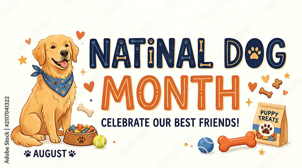 Fototapeta premium National Dog Month celebration graphic. Cute golden retriever with puppy treats and toys.