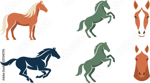 Bild auf Leinwand Equestrian Vector Icon Set Featuring Flat Cartoon Running Chestnut Stallion Rear