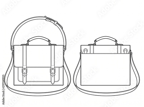 Rounded flap crossbody satchel bag apparel vector sketch presenting front and back design with top grab handle