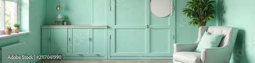 Mint cupboard, armchair, pastel office, copy space, cozy, home interior, stylish