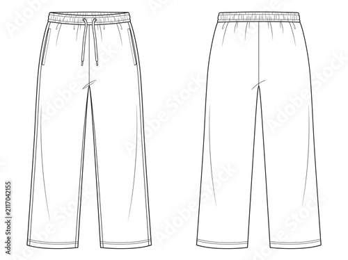 Straight leg sweatpants vector technical CAD template front and rear view with elastic waistband and subtle hem stitching