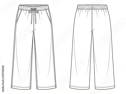 Casual wide leg sweatpants technical vector illustration showing drawstring elastic waist front and back view