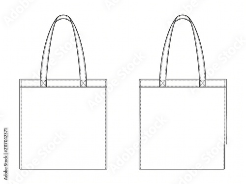 Blank cotton tote bag technical blueprint template displaying front and back outline with stitched shoulder handles