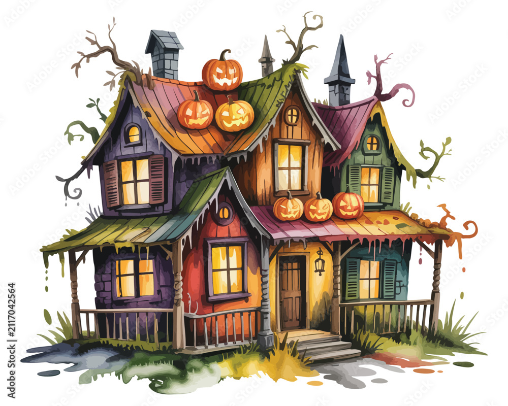 Fototapeta premium watercolor Halloween Haunted Village House vector illustration isolated on white background