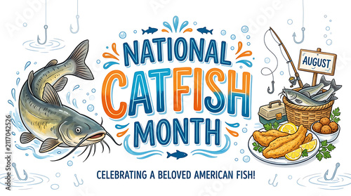 National Catfish Month celebration design. August holiday graphic with fish and food.