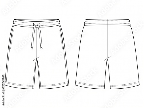 Athleisure casual shorts flat lay technical drawing template featuring elastic waistband with external drawstrings and clean hem finish