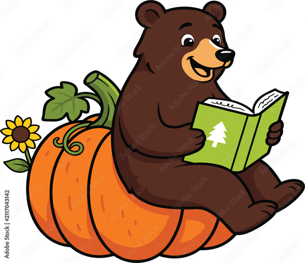 Fototapeta premium Cute Cartoon Brown Bear Character Sitting on a Large Autumn Pumpkin Reading a Book for Children Storybooks Education and Thanksgiving Vector Illustration