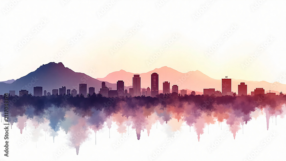 Fototapeta premium Watercolor Phoenix silhouette over Camelback Mountain and downtown skyline on white background