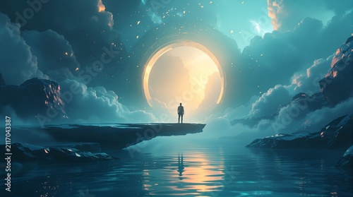 Cinematic conceptual art of a man standing alone on calm mirror-like water facing a brilliant glowing moon in a serene misty blue magical landscape