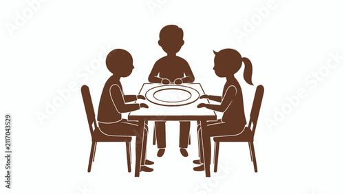 Silhouettes of people sitting around a dining table with an empty plate waiting for a communal meal.