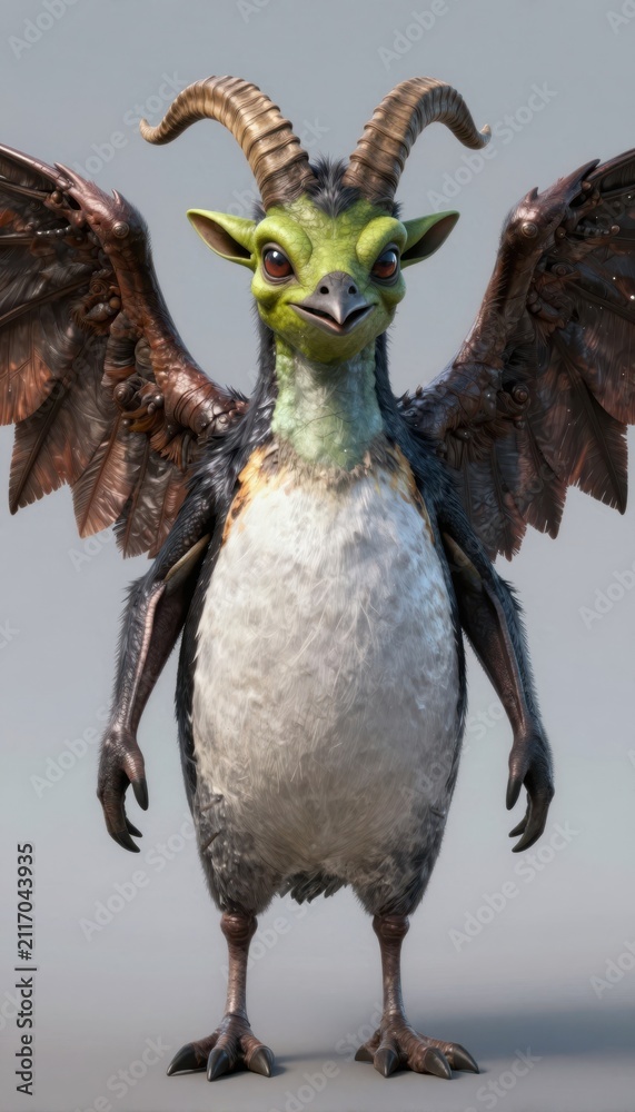 Obraz premium Green Horned Winged Creature With Metallic Feathers Standing On Gray Surface In Studio Lighting