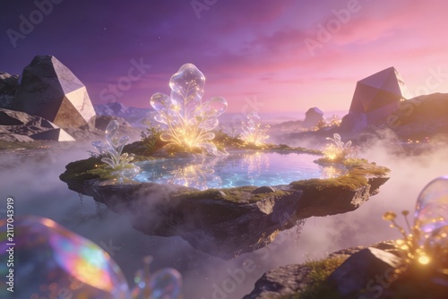 Floating Island Fantasy Landscape With Bioluminescent Plants Glowing Under Pink Sunset Sky