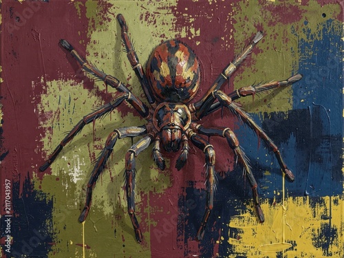 Bold Spider Art Painting Abstract Background Vibrant Colors Textured Canvas Realistic Arachnid Illustration