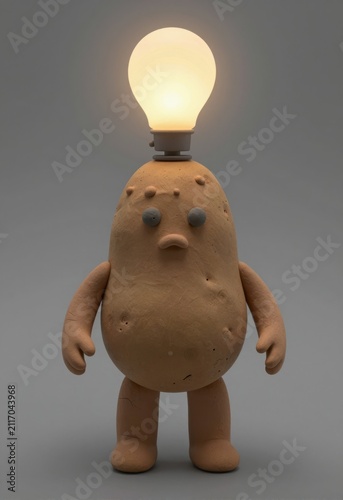 Cute clay potato figurine with glowing light bulb head, whimsical lamp sculpture, playful home decor piece