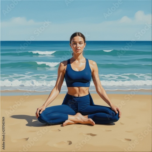 Woman practicing yoga meditation on beach wearing blue athletic outfit near ocean waves under clear sky